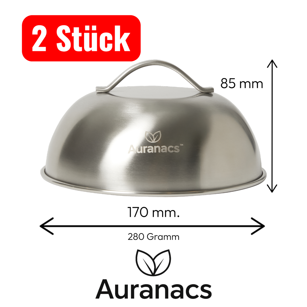 AURANACS® Texas | set of 2 stainless steel melting &amp; cooking hoods (Ø 170 mm) | for burgers, grill &amp; plancha | fast cheese melting &amp; even heat | steam hood with handle | robust &amp; dishwasher-safe