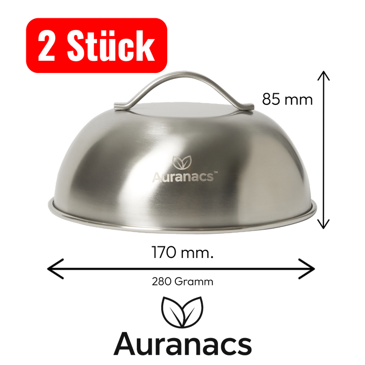 AURANACS® Texas | set of 2 stainless steel melting &amp; cooking hoods (Ø 170 mm) | for burgers, grill &amp; plancha | fast cheese melting &amp; even heat | steam hood with handle | robust &amp; dishwasher-safe