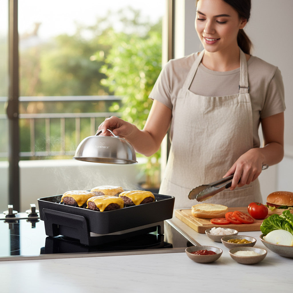AURANACS® Texas | set of 2 stainless steel melting &amp; cooking hoods (Ø 170 mm) | for burgers, grill &amp; plancha | fast cheese melting &amp; even heat | steam hood with handle | robust &amp; dishwasher-safe
