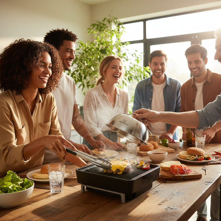 AURANACS® Texas | set of 2 stainless steel melting &amp; cooking hoods (Ø 170 mm) | for burgers, grill &amp; plancha | fast cheese melting &amp; even heat | steam hood with handle | robust &amp; dishwasher-safe