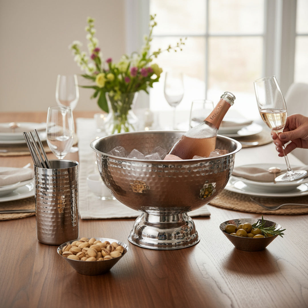 AURANACS® Bourgogne | Champagne bowl made of stainless steel | Mirror polished &amp; hammered finish | Large champagne cooler Ø 40cm | Wine cooler with deep base | Elegant design for parties &amp; events