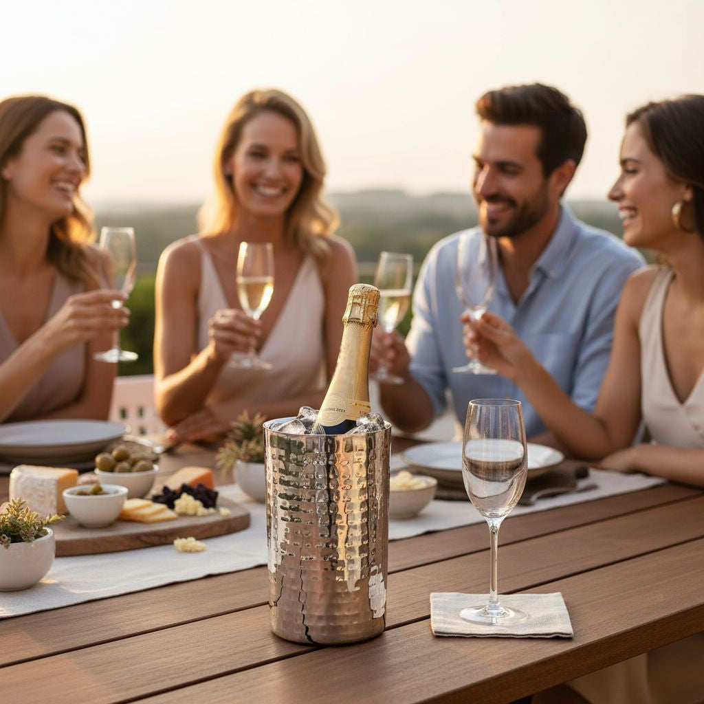 AURANACS® Santorini | Seau à vin en acier inoxydable | Seau à champagne élégant avec surface polie miroir &amp; martelée | Seau à champagne à double paroi isolé | Ø 12 cm | Pour restaurants &amp; maison