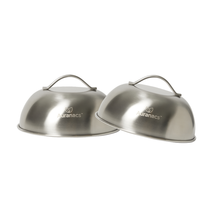 AURANACS® Texas | 2er Set Edelstahl Schmelz- & Garhauben (Ø 170 mm) | für Burger, Grill & Plancha | schnelles Käse-Schmelzen & gleichmäßige Hitze | Dampfhaube mit Griff | robust & spülmaschinenfest