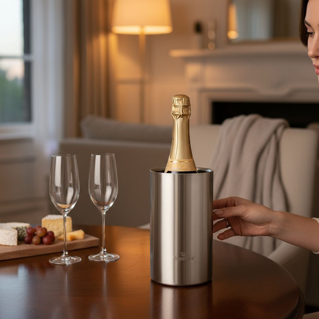 AURANACS® Alsace | Matt brushed stainless steel bottle cooler | Double-walled wine cooler with insulation | Elegant champagne cooler | Champagne cooler Ø 12 cm | Ideal for parties, restaurants & at home